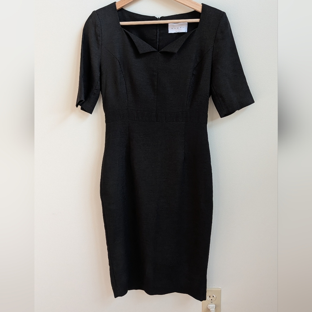Nymph Black Linen Blend Sheath Dress – Structured Collar - Minimalist - Medium